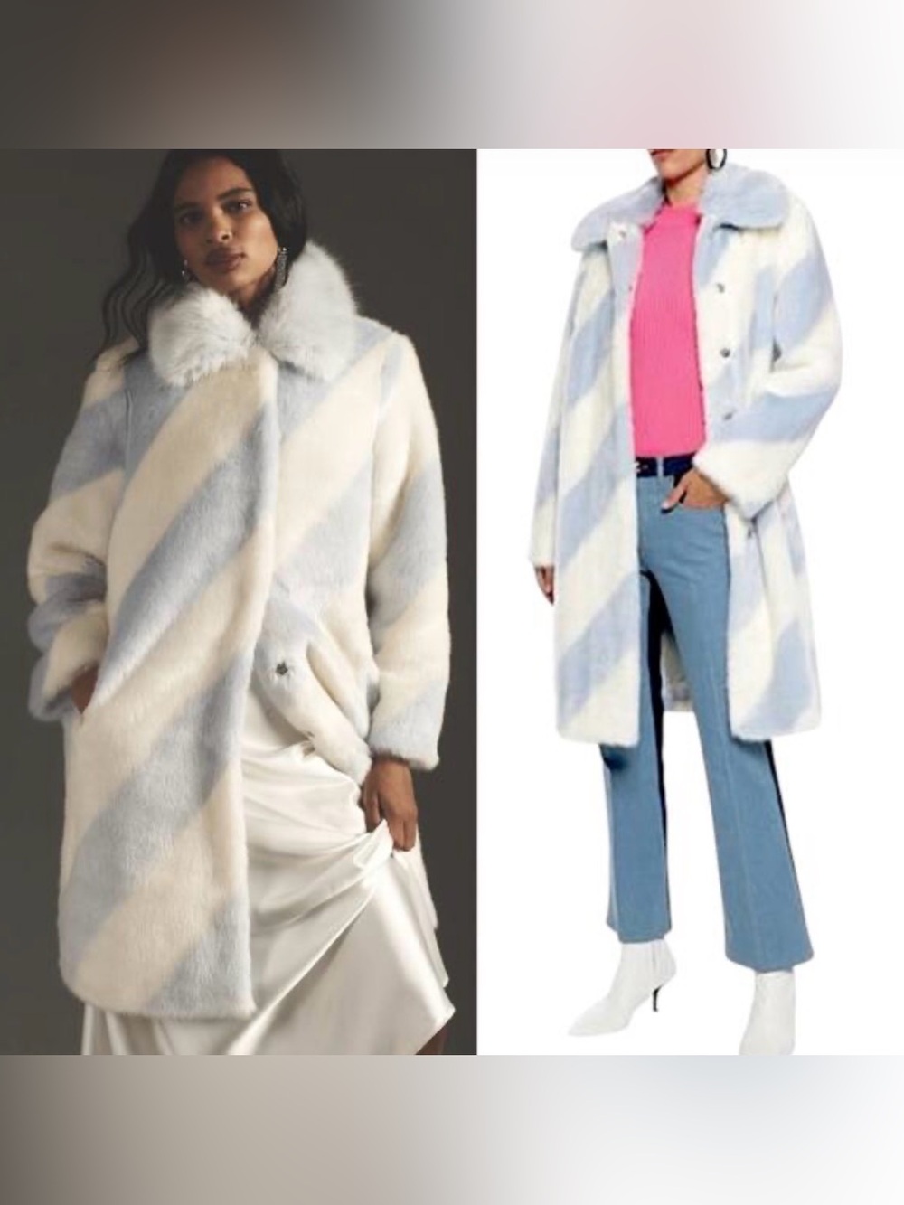Mauve Anthropologie Powder Blue Ivory Faux Fur Long Coat | XL - Picture 4 of 12